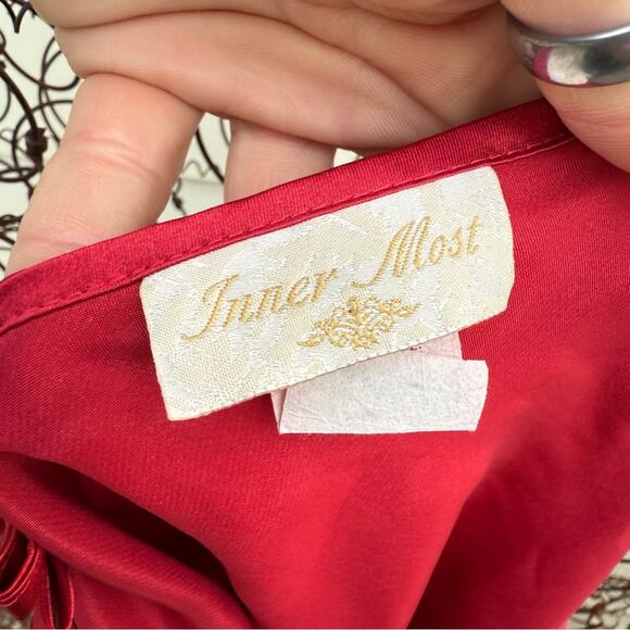 Vintage 90s Inner Most Red Satin Floral Double Layer Slinky Slip Dress MEDIUM - Picture 4 of 7